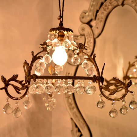 Vintage Italian Style Brass Enameled Chandelier with Octagonal Crystal Drops